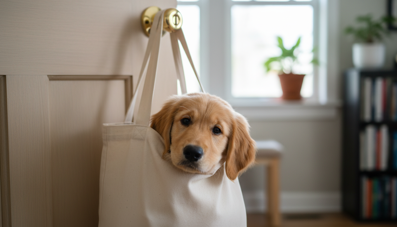 Filhote de cachorro calmo dentro de uma sacola pendurada na porta.