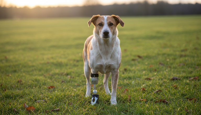 Cachorro usando prótese em uma das patas
