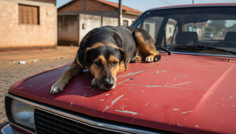 Cachorro de rua sobre carro arranhado em Uberlândia, causando transtorno aos moradores