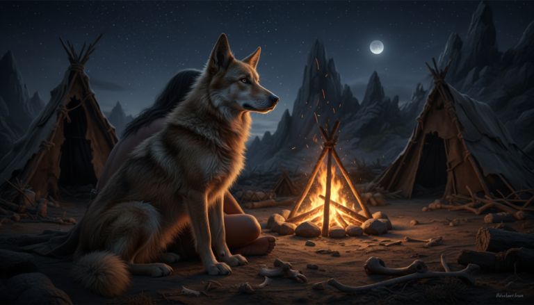 Cão ancestral em acampamento pré-histórico ao lado de um humano