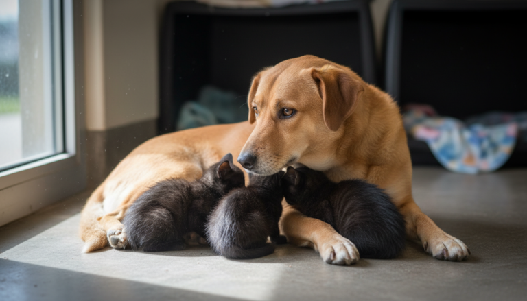 Cadela vira-lata caramelo cuidando de três filhotes de gato pretos em um abrigo