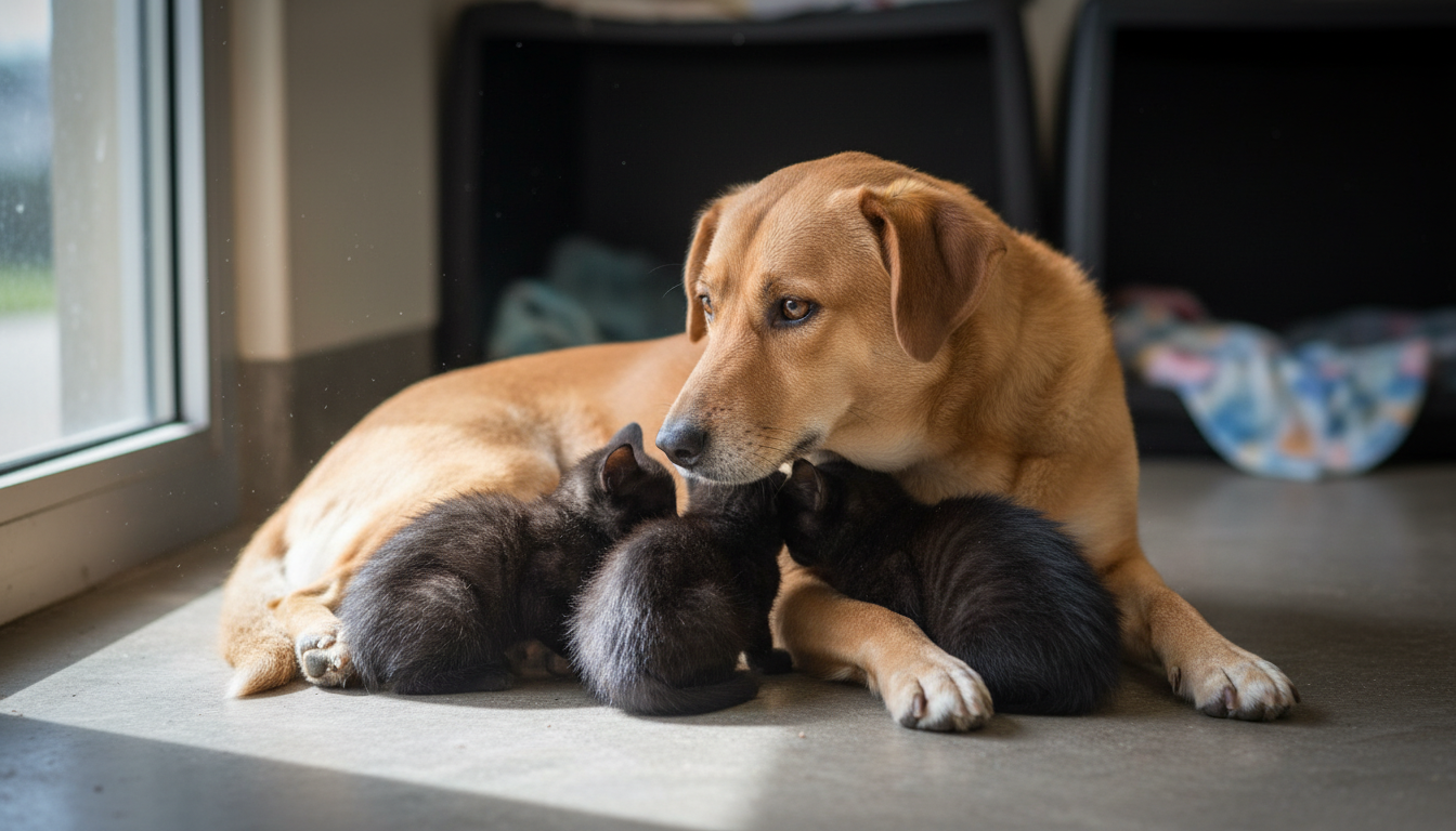 Cadela vira-lata caramelo cuidando de três filhotes de gato pretos em um abrigo