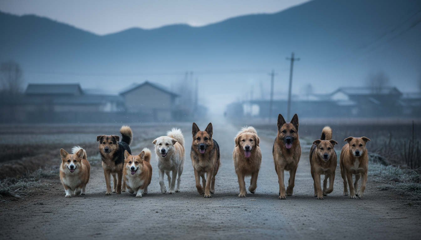 Grupo de cães desaparecidos caminhando juntos por uma estrada na China