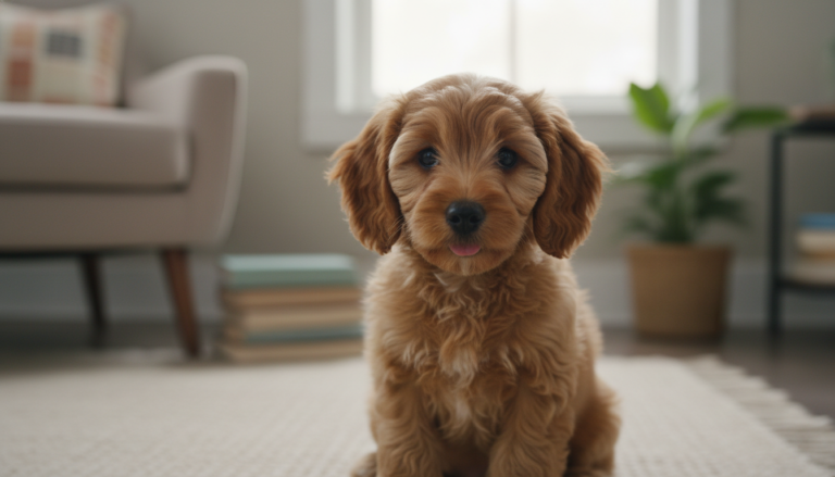 Filhote de cão cockapoo com olhar preocupado em ambiente doméstico.