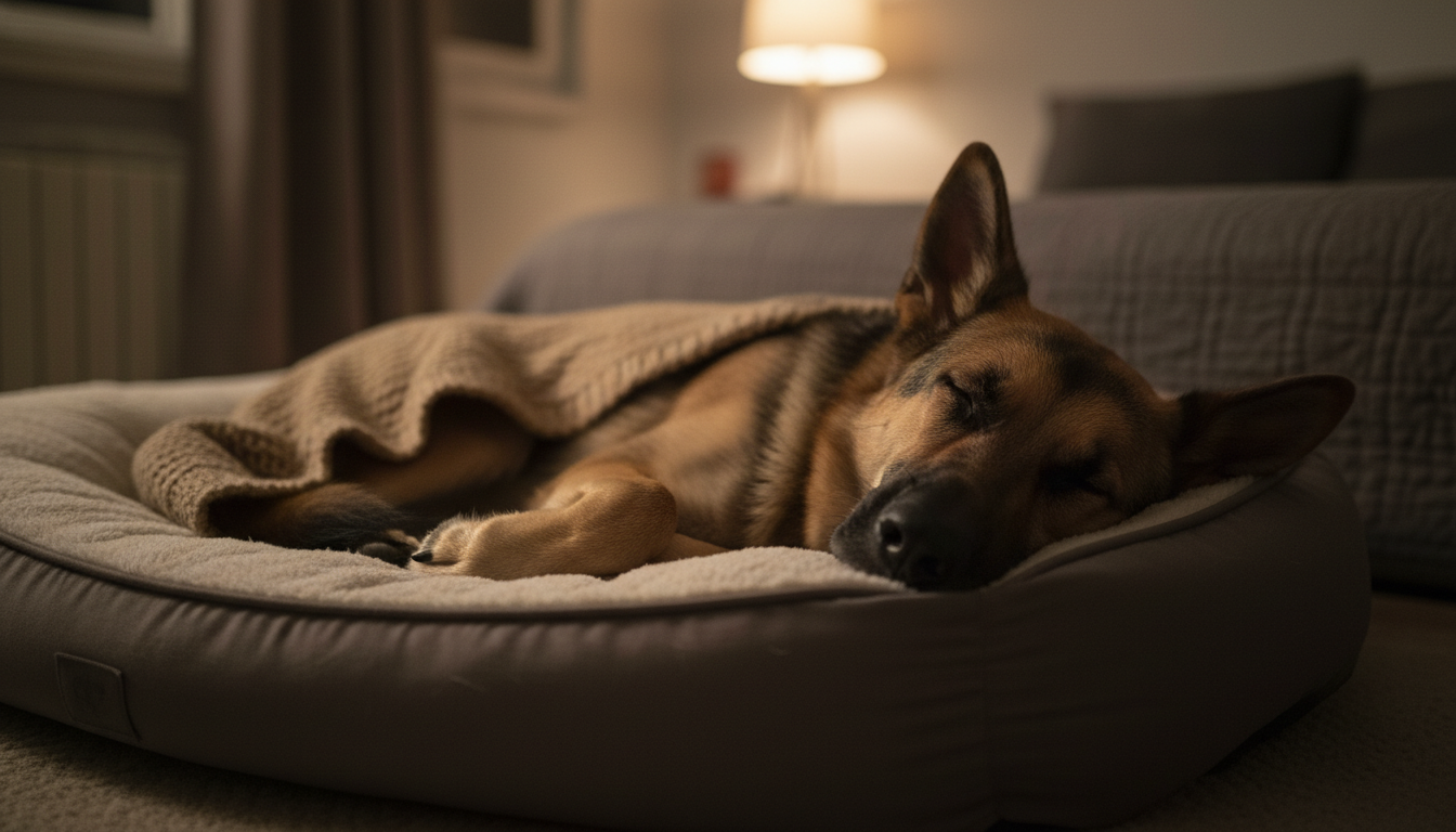 Cão dormindo tranquilamente em sua cama