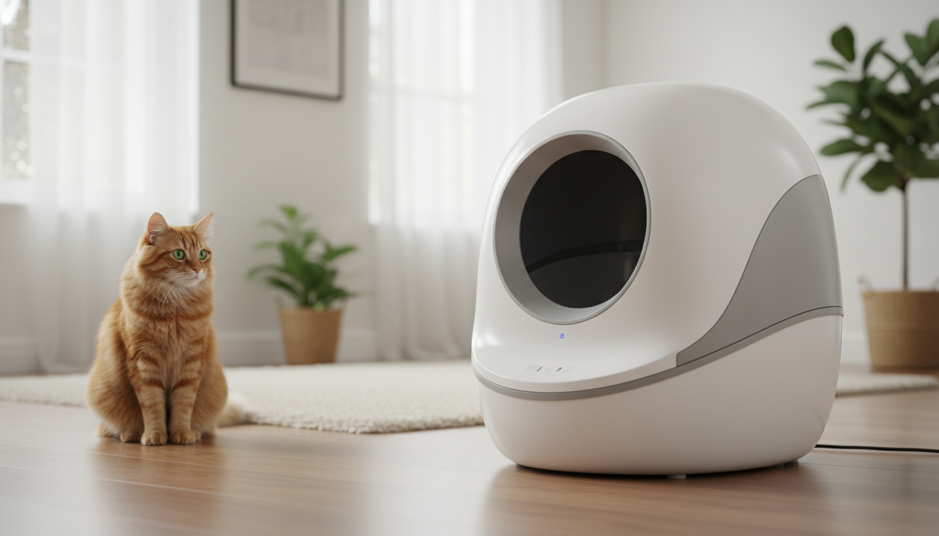 Caixa de areia autolimpante com tecnologia de IA ao lado de um gato observando.