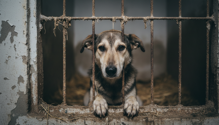 Cão em gaiola suja em canil insalubre