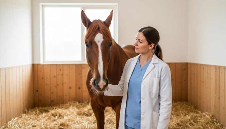 Médica veterinária examina um cavalo tranquilo em uma baia.