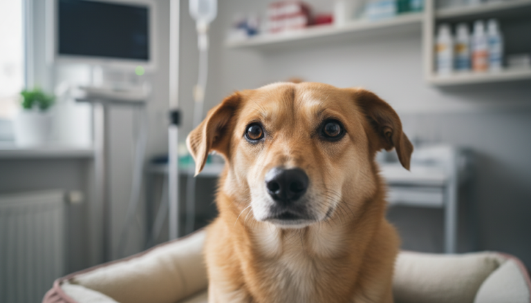 Cachorro resgatado com olhar apreensivo em clínica veterinária