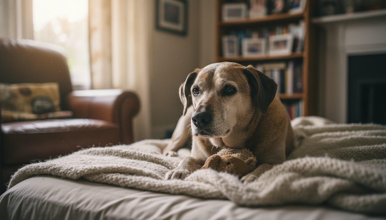 Cão idoso e abandonado deitado em uma cama confortável, pela primeira vez sentindo segurança e amor.