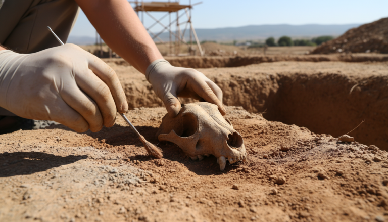 Arqueólogo descobrindo fóssil de cão antigo em escavação na Turquia
