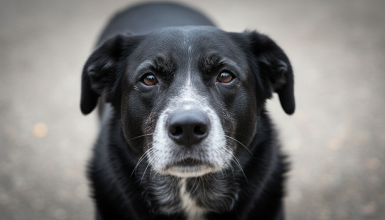 Cão com vitiligo apresentando manchas brancas no focinho e ao redor dos olhos