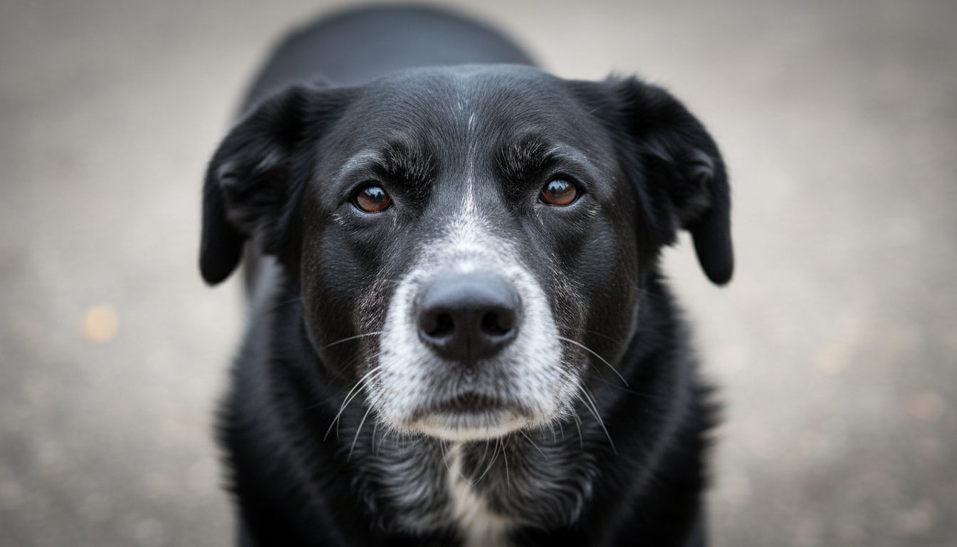 Cão com vitiligo apresentando manchas brancas no focinho e ao redor dos olhos
