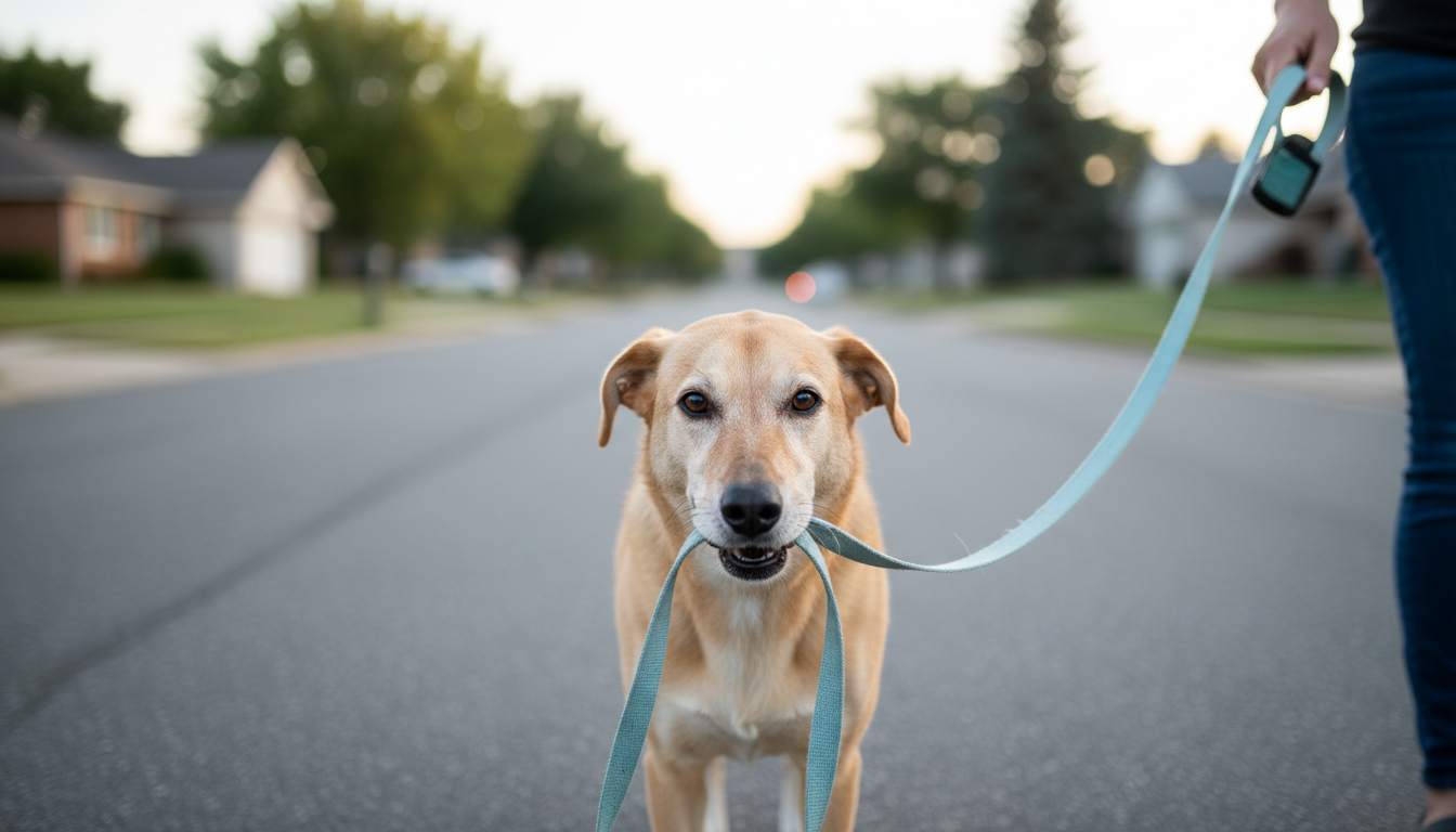 Cadela resgatada puxa coleira com a boca ao fim de um passeio