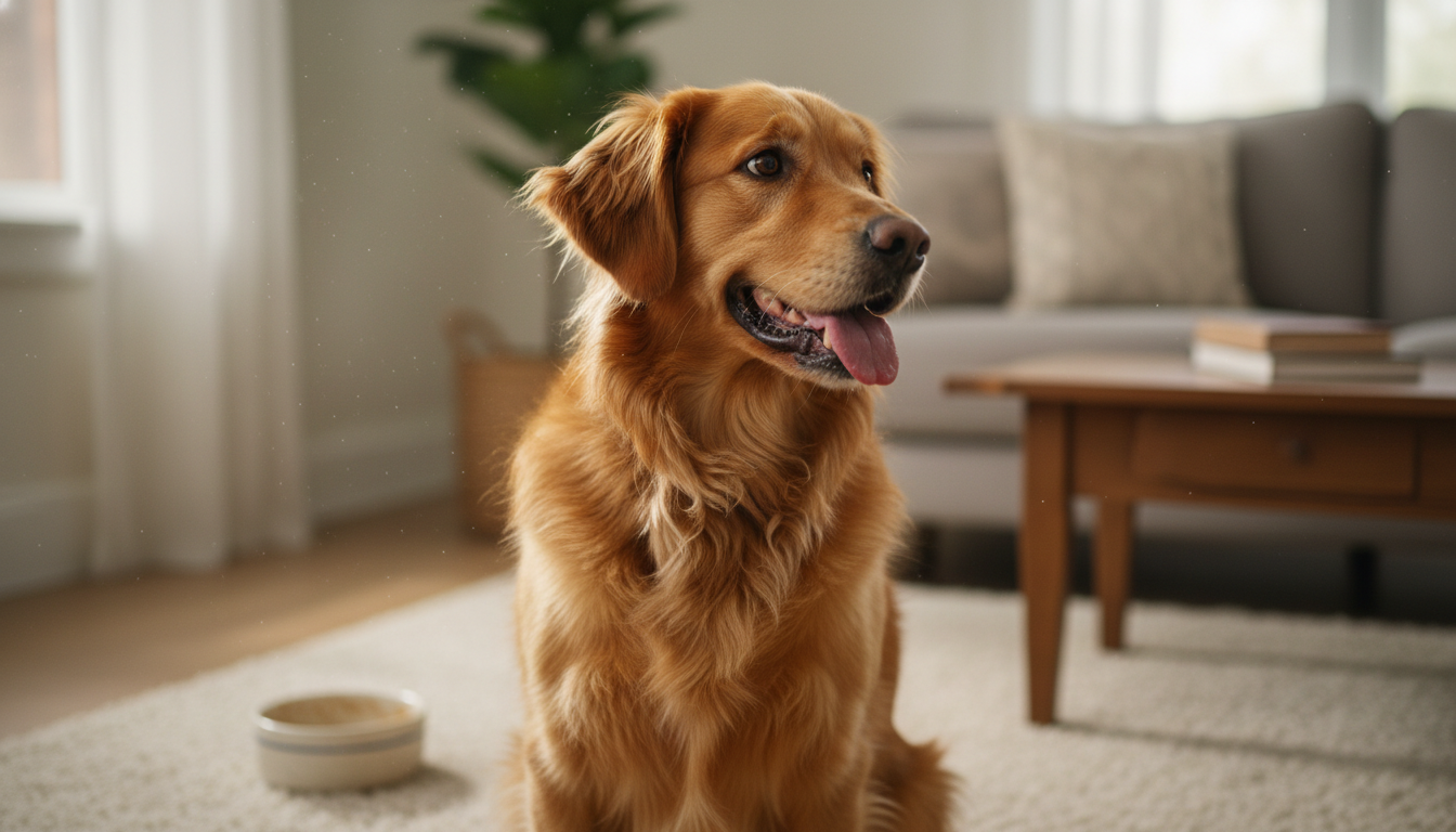 Cachorro pedindo ajuda para arrotar após refeição