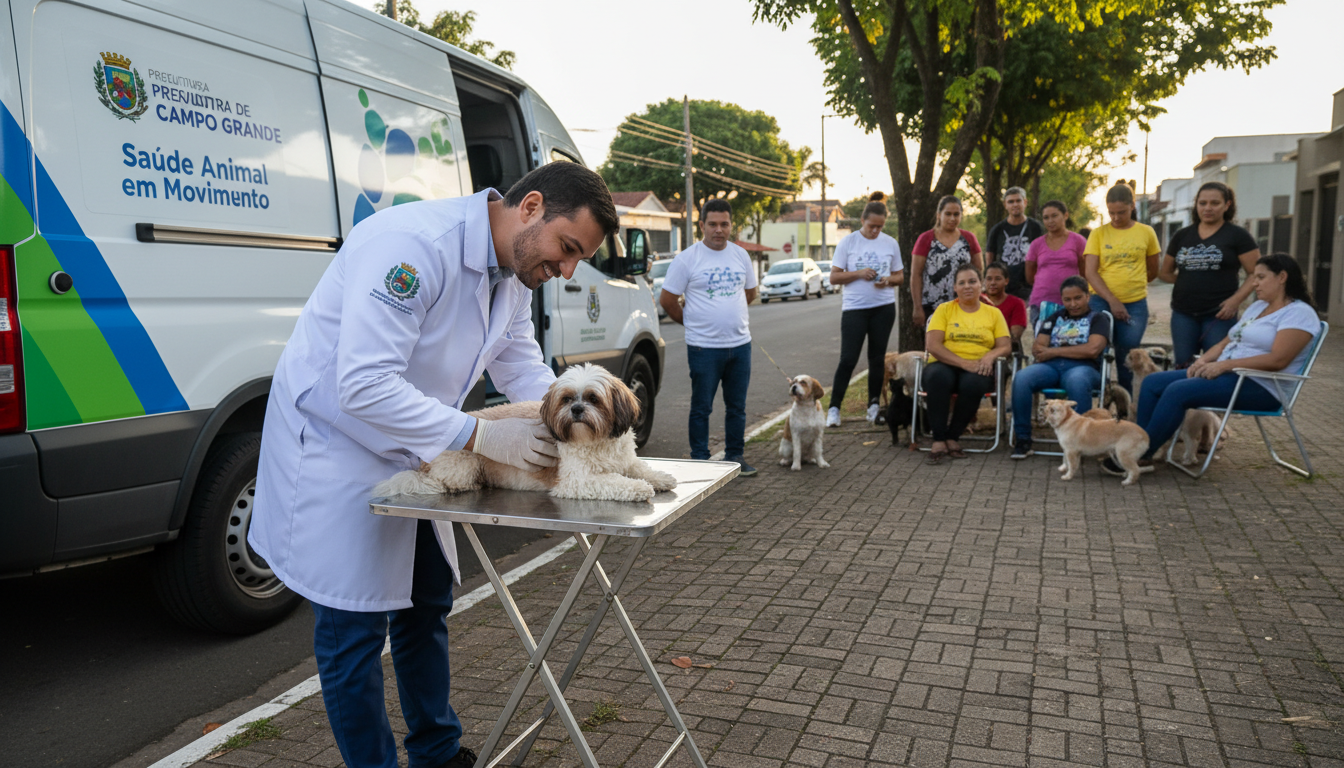 Consultório móvel veterinário oferece castração e vacinação gratuita em bairro de Campo Grande.