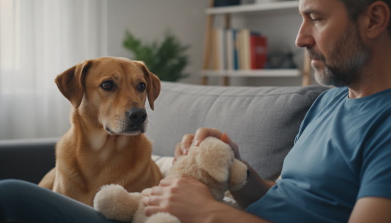 Cão observa atentamente o dono acariciando um cachorro de pelúcia, demonstrando sinais sutis de ciúme.