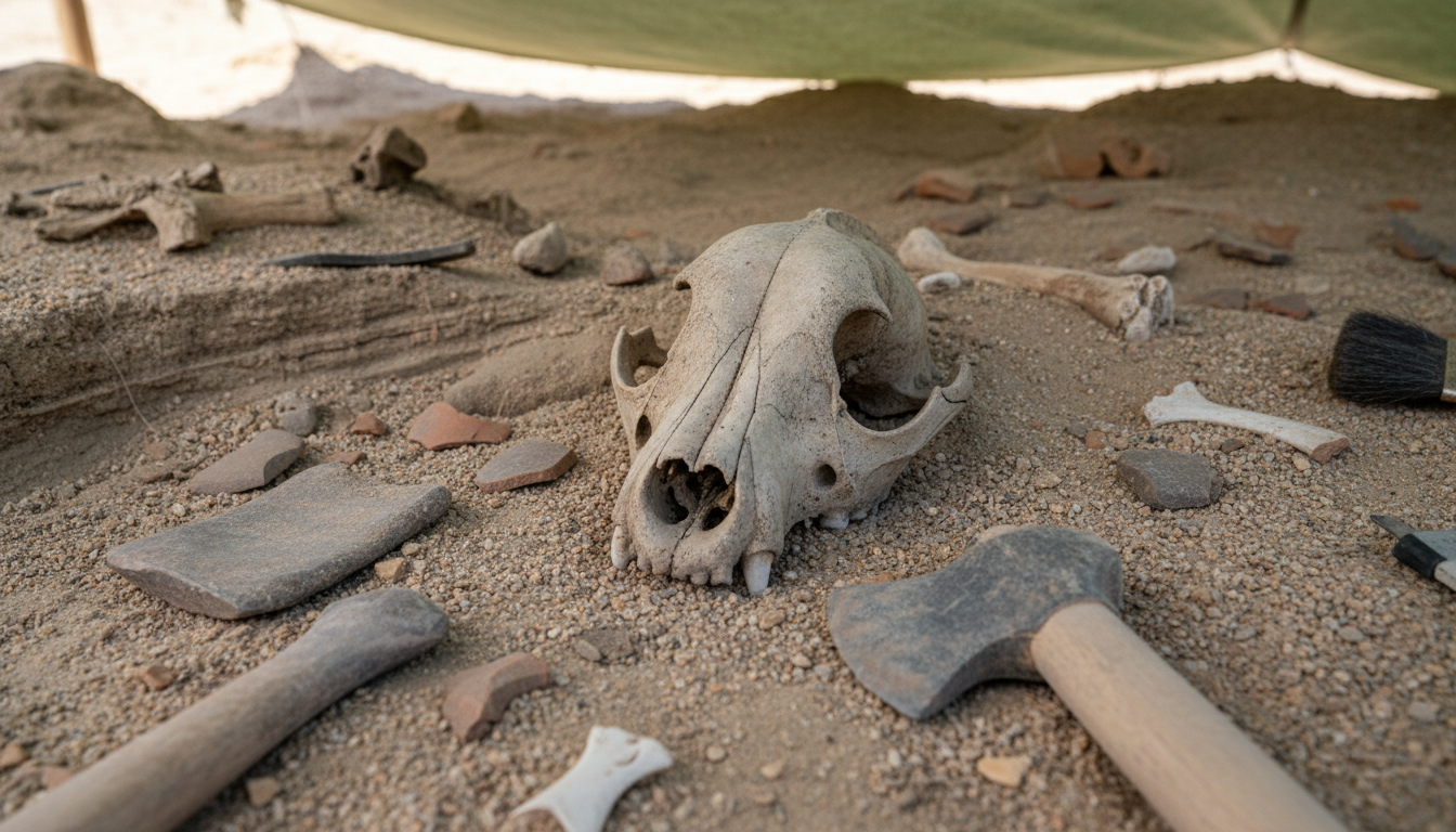 Fragmento de crânio de cachorro antigo encontrado em sítio arqueológico.