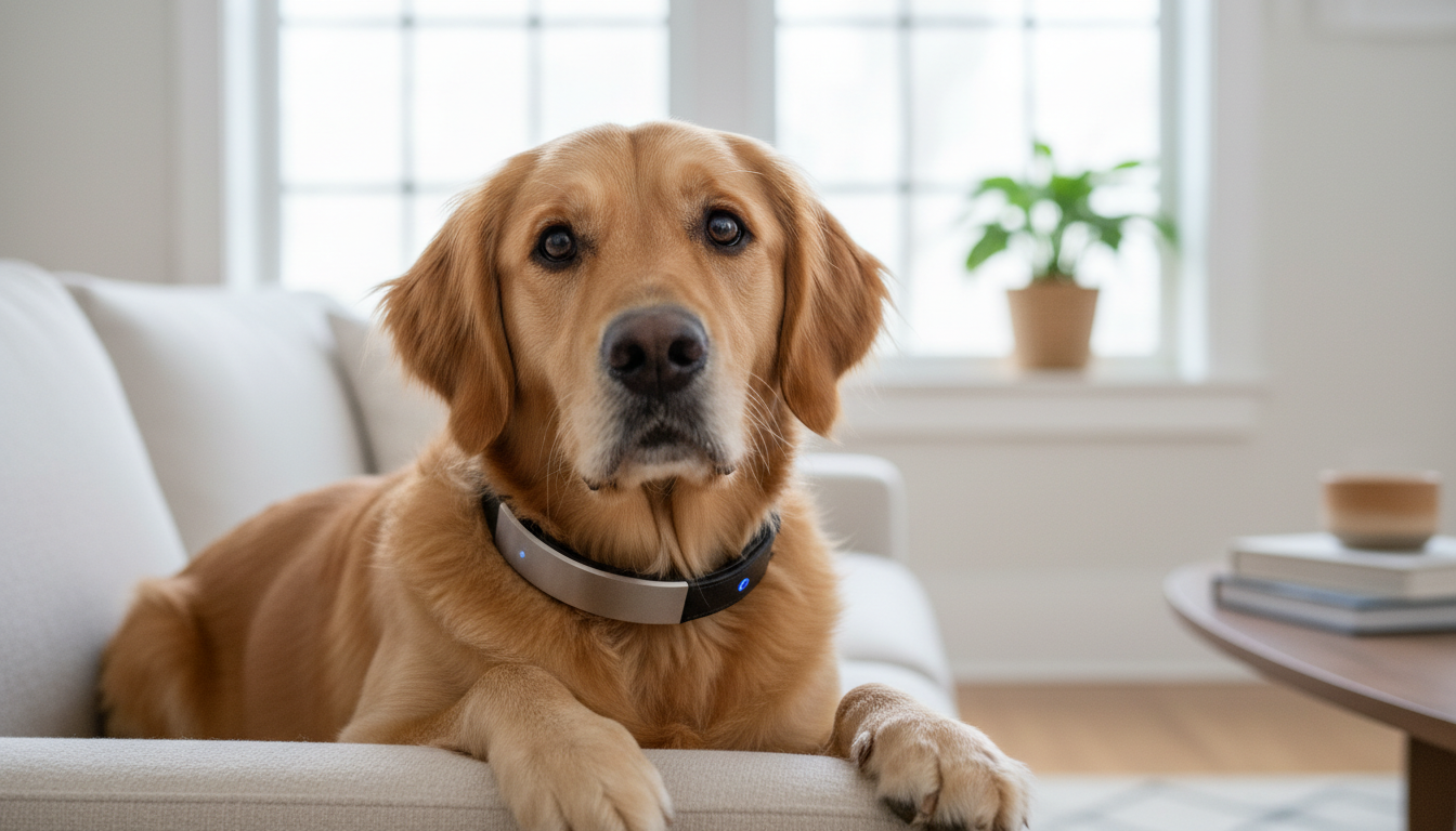 Cão golden retriever usando uma coleira inteligente moderna.