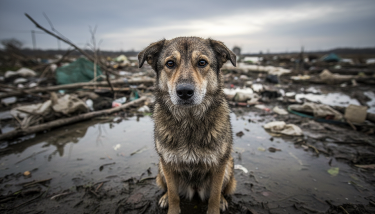 Cão molhado e assustado sentado em meio a destroços após um desastre natural.