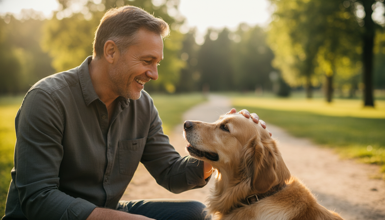 Homem sorrindo enquanto acaricia seu cachorro golden retriever em um parque ao pôr do sol, simbolizando o vínculo e benefícios para a saúde.