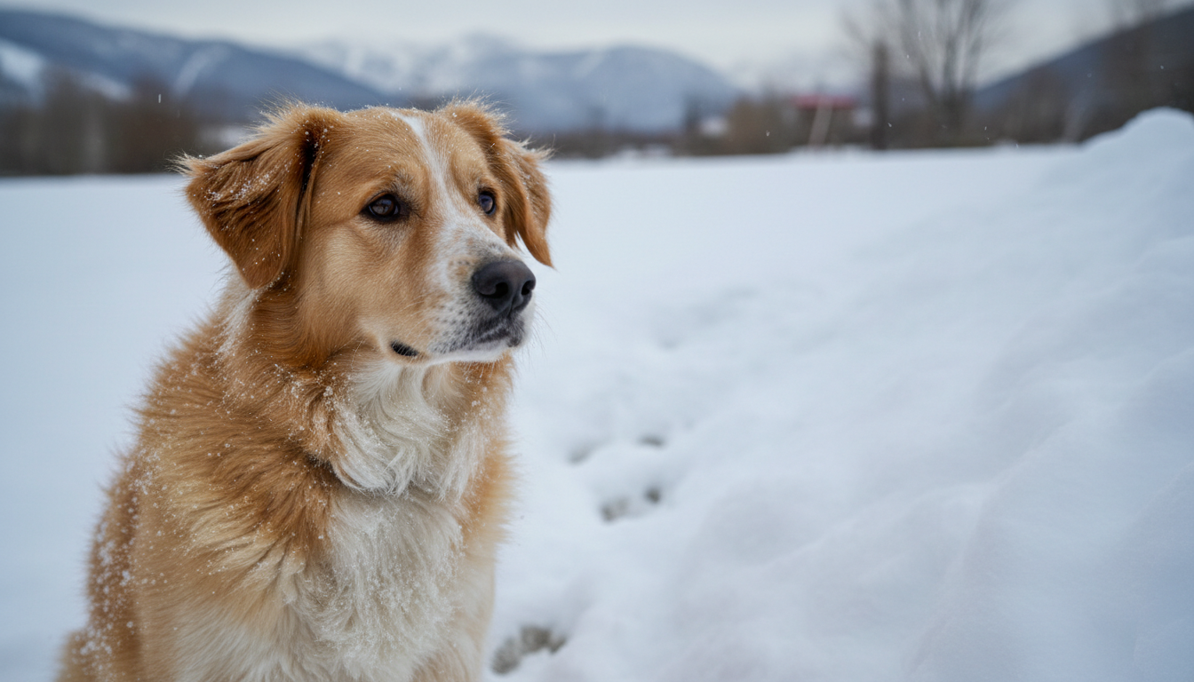 Cachorro com olhar atento e preocupado observando uma pilha de neve.