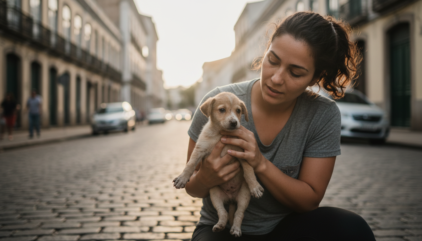 Mulher resgata filhote imóvel na rua, transformando seu destino.