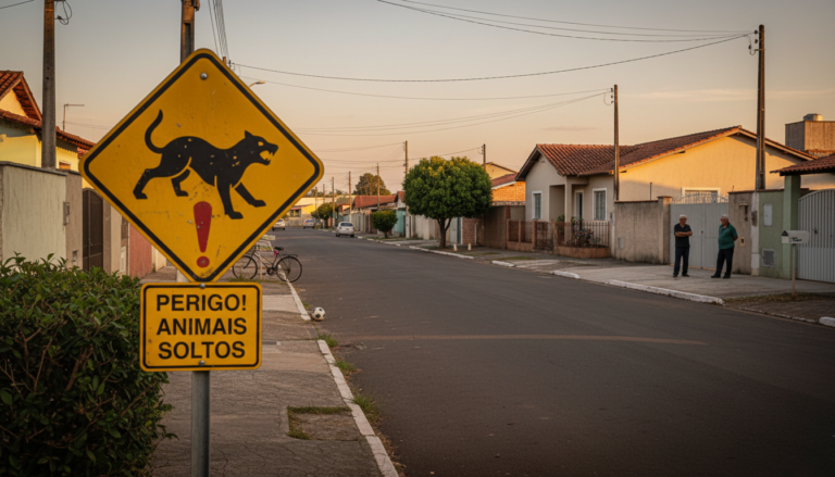 Rua no bairro Saturno com sinal de alerta discreto sobre animais soltos