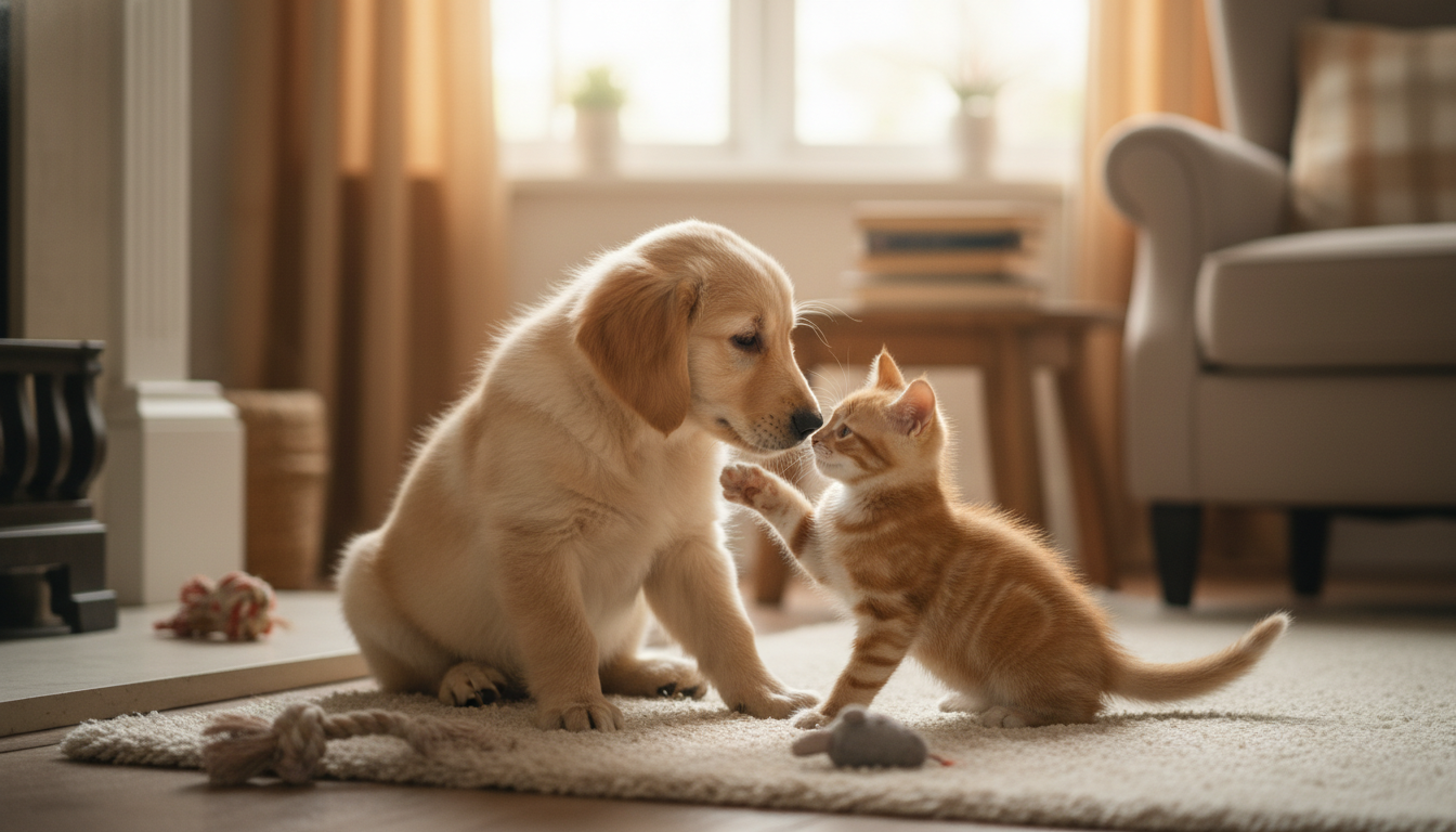 Filhote de cachorro e filhote de gato brincando juntos.