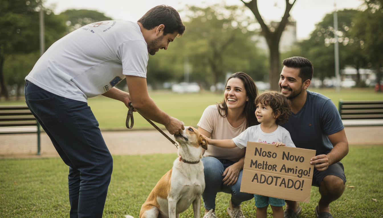Voluntário entrega cão resgatado para nova família em BH.