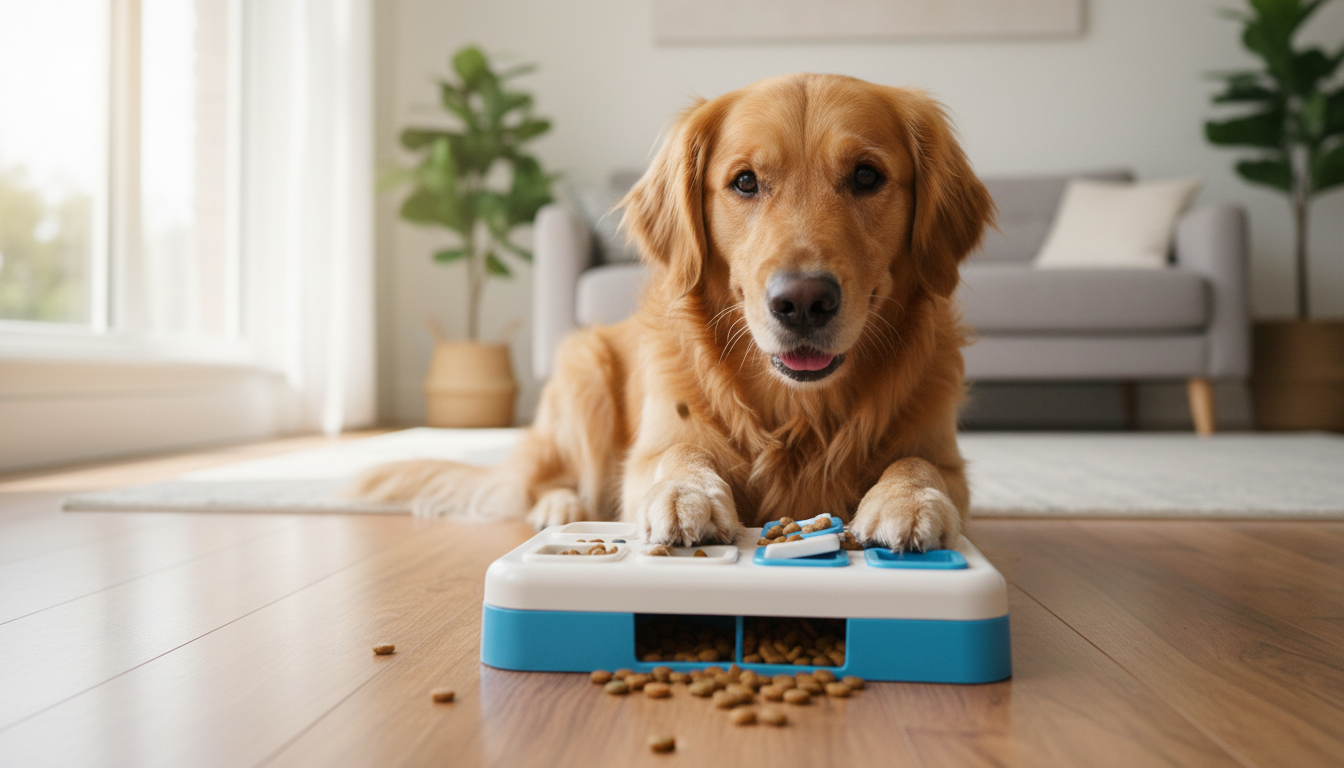 Cachorro golden retriever interagindo com um brinquedo de quebra-cabeça de comida para estimular sua inteligência.