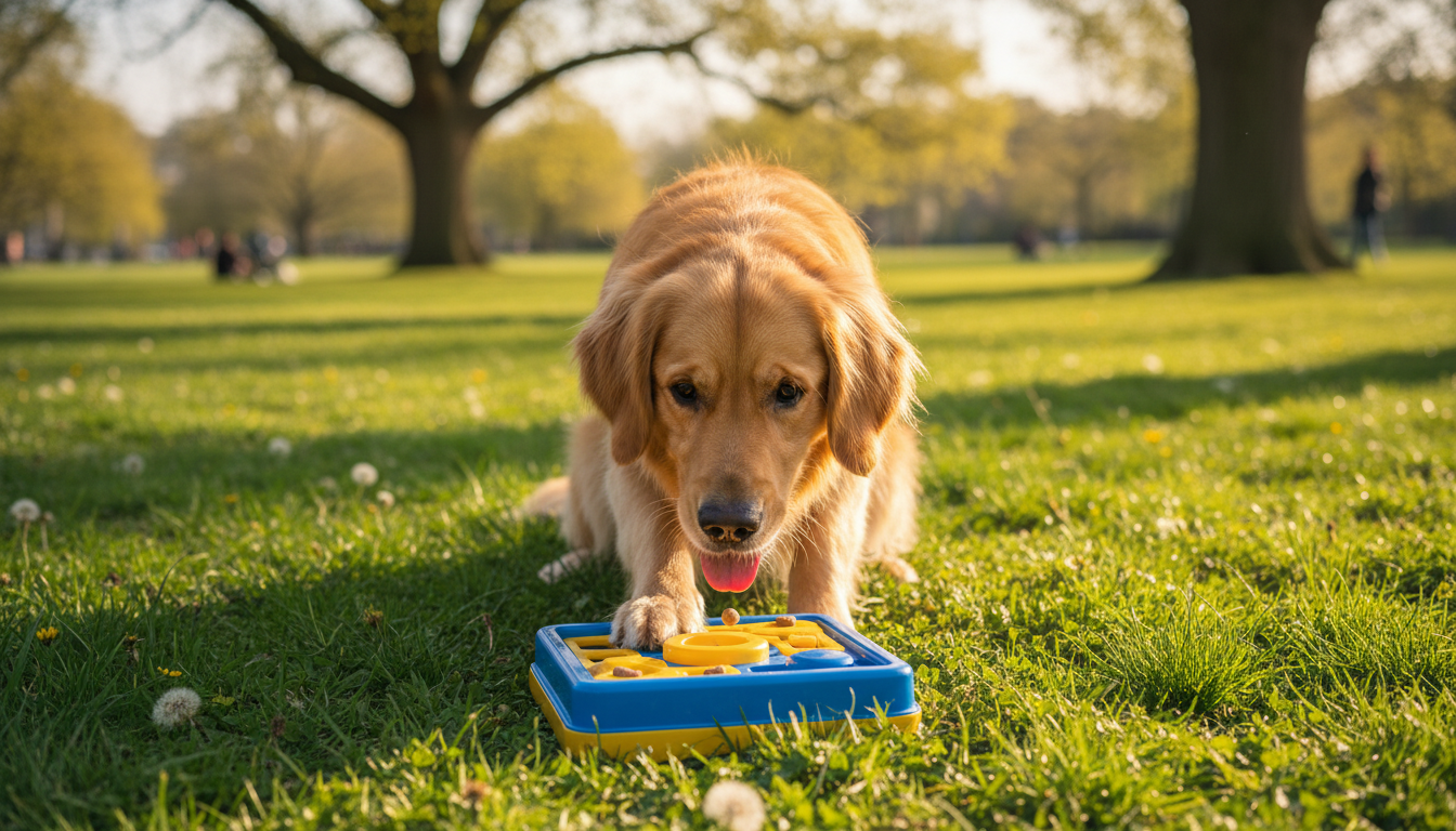 Golden retriever concentrado em um brinquedo interativo durante um passeio no parque.