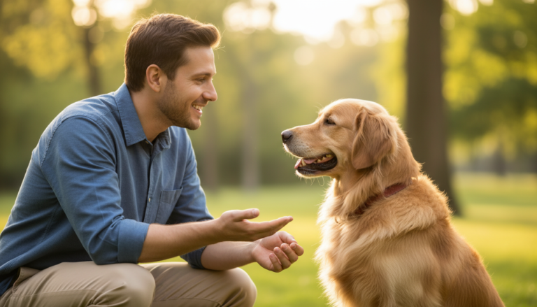 Tutor e cão em momento de conexão e comunicação no parque