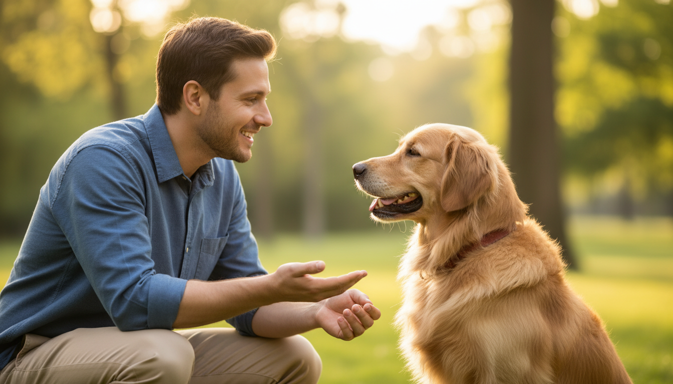 Tutor e cão em momento de conexão e comunicação no parque