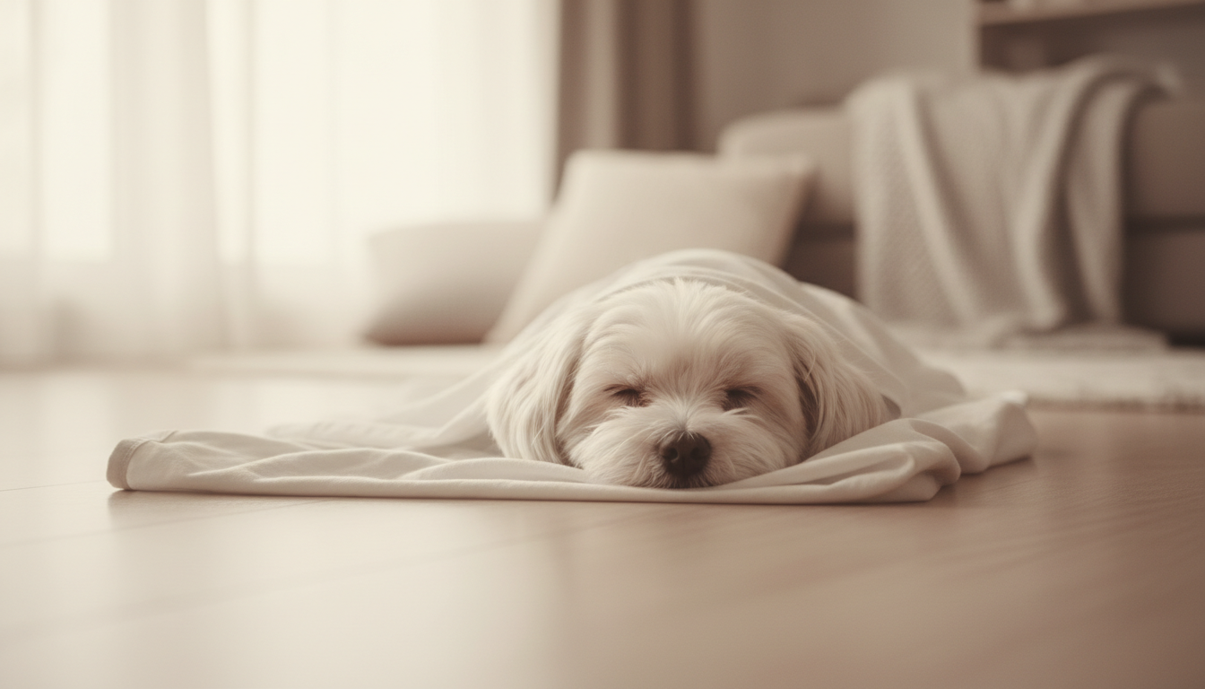 Cachorro Maltês branco quase camuflado ao deitar em um pano branco