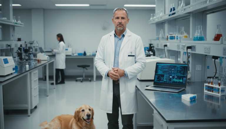 Empreendedor australiano e seu cachorro em laboratório, com tecnologia de IA em segundo plano.