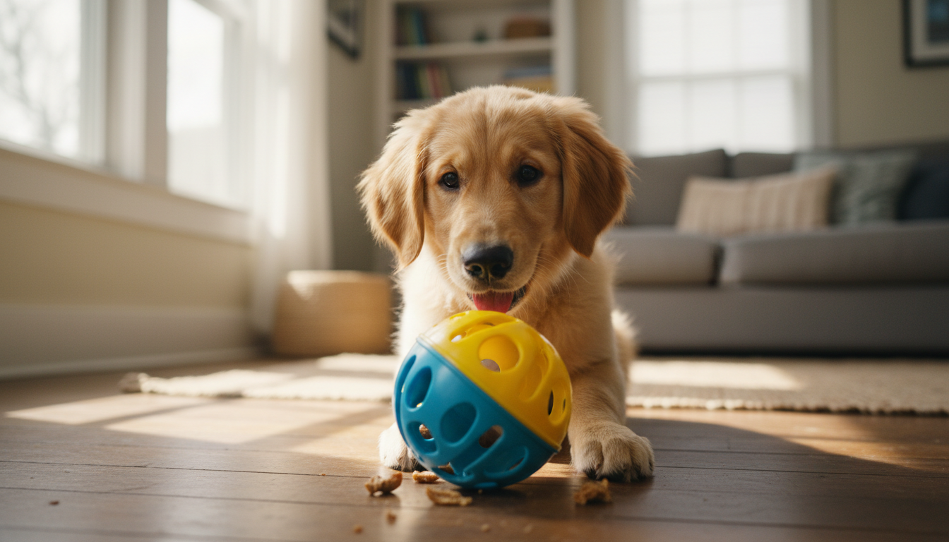Filhote de cachorro interagindo com brinquedo que libera petiscos para estimular sua inteligência.
