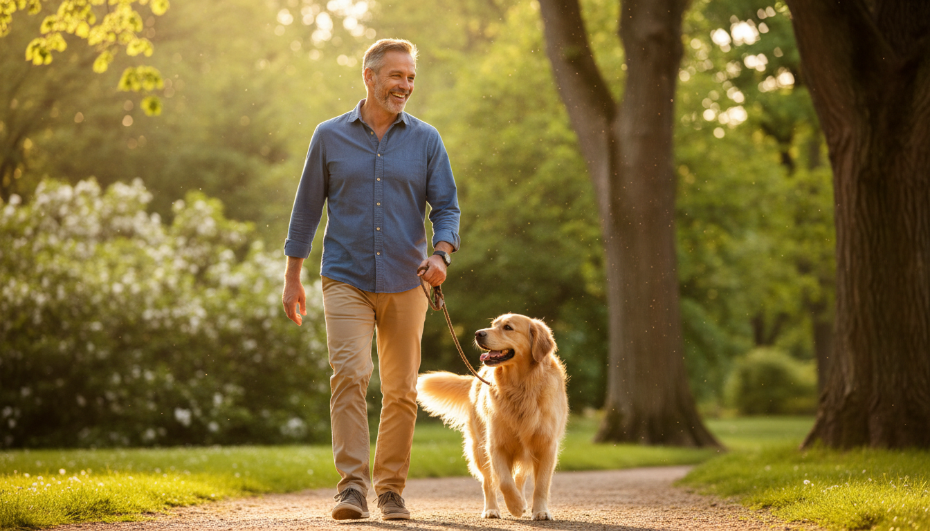 Homem sorrindo passeando com seu cachorro em um parque
