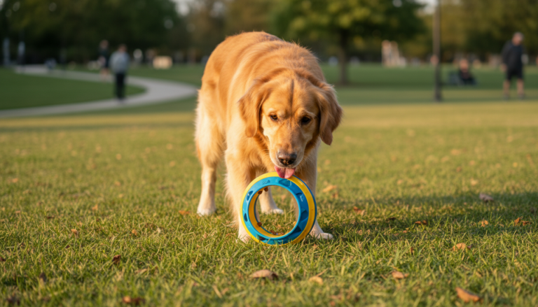 Cachorro Golden Retriever concentrado em um brinquedo interativo que libera petiscos.