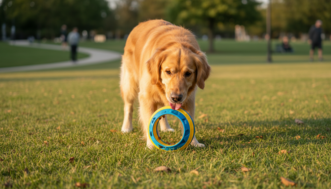 Cachorro Golden Retriever concentrado em um brinquedo interativo que libera petiscos.