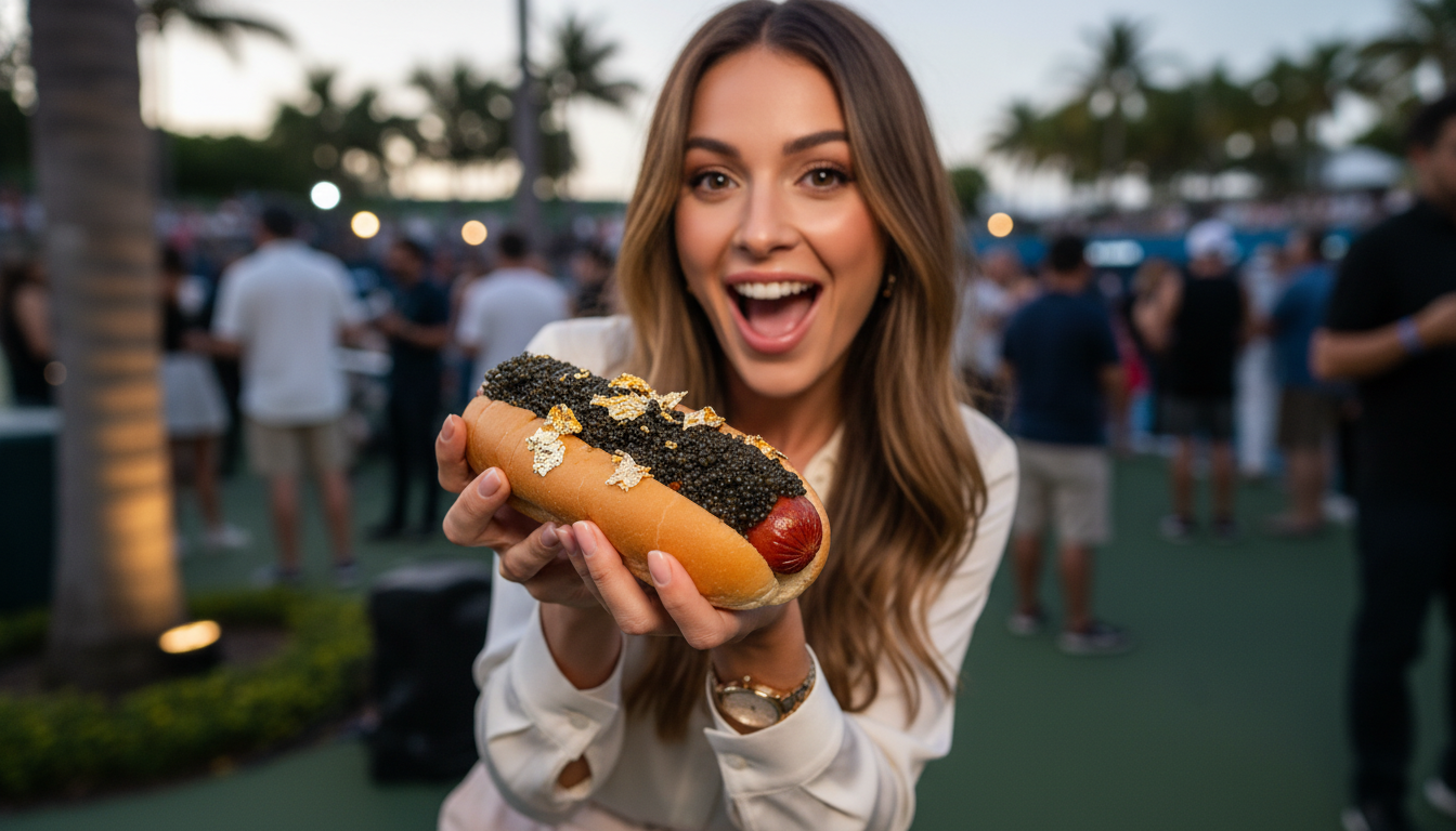 Influenciadora Franciny Elke experimenta cachorro-quente com caviar e ouro no Miami Open