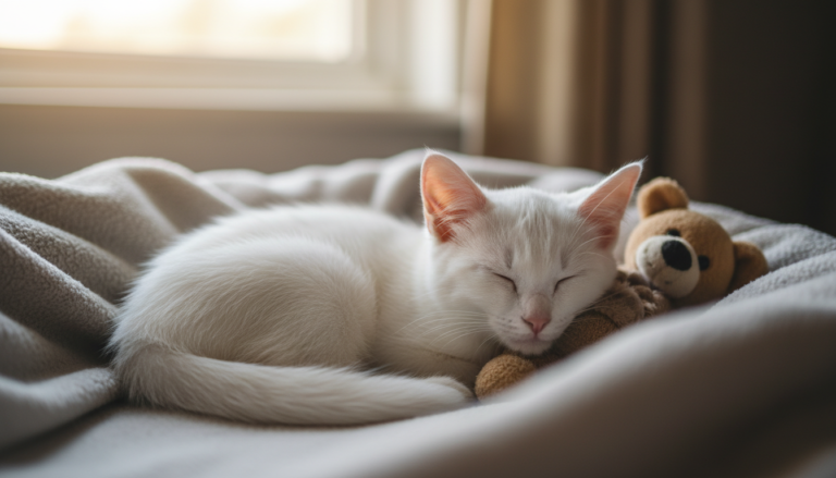 Gatinho dormindo profundamente em sua cama após ouvir a canção de ninar da tutora.