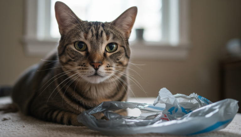 Gato olhando fixamente enquanto mastiga um pedaço de plástico