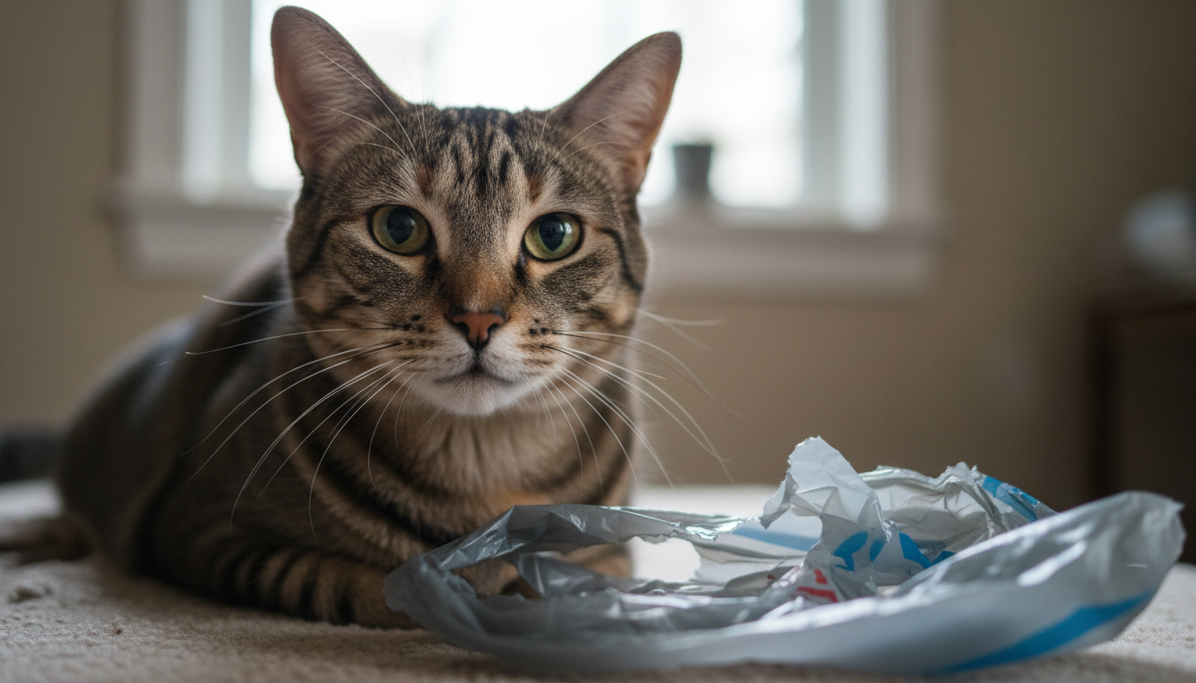 Gato olhando fixamente enquanto mastiga um pedaço de plástico