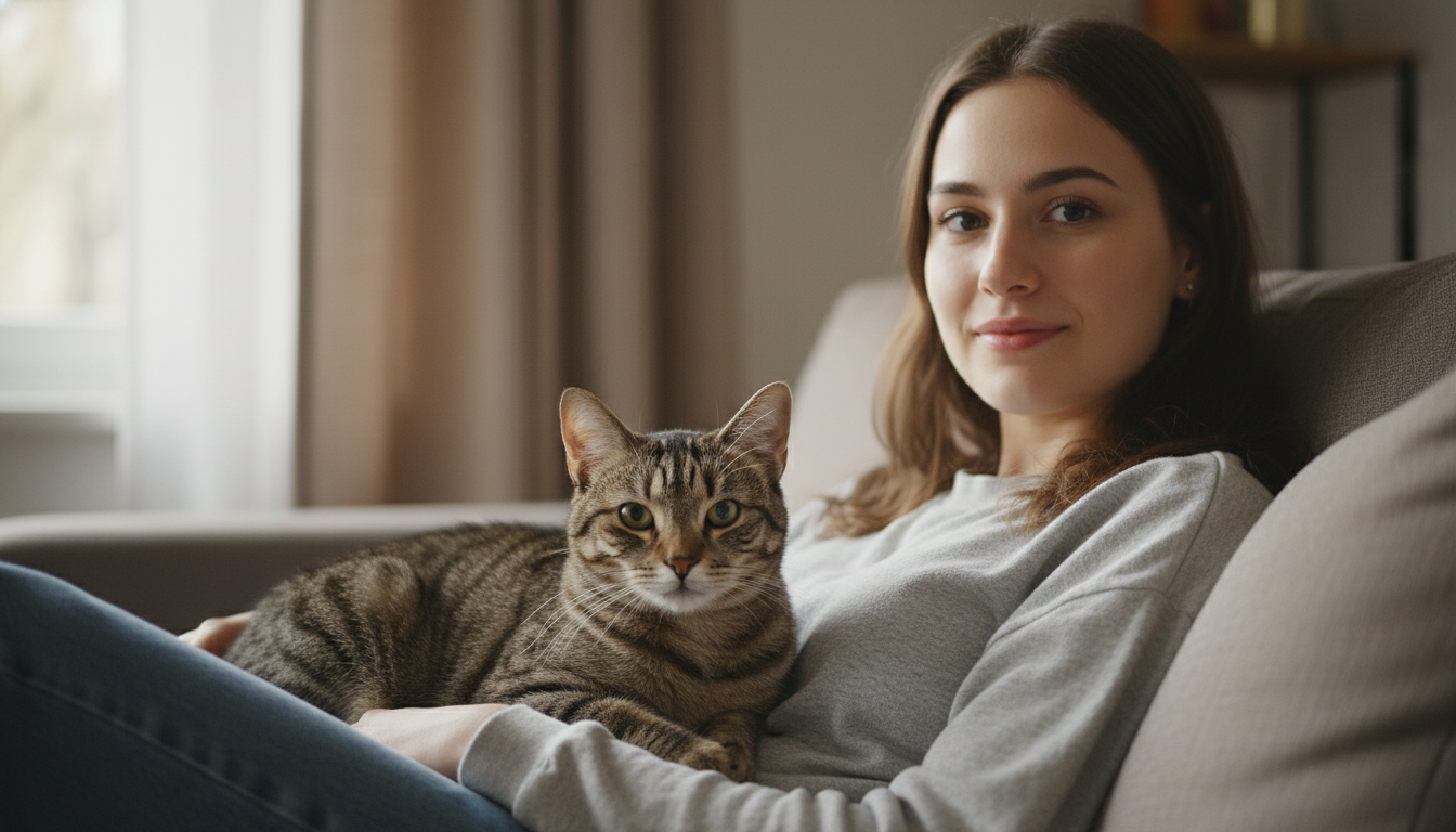 Gato confortável no colo de uma pessoa, simbolizando o vínculo e a preferência.