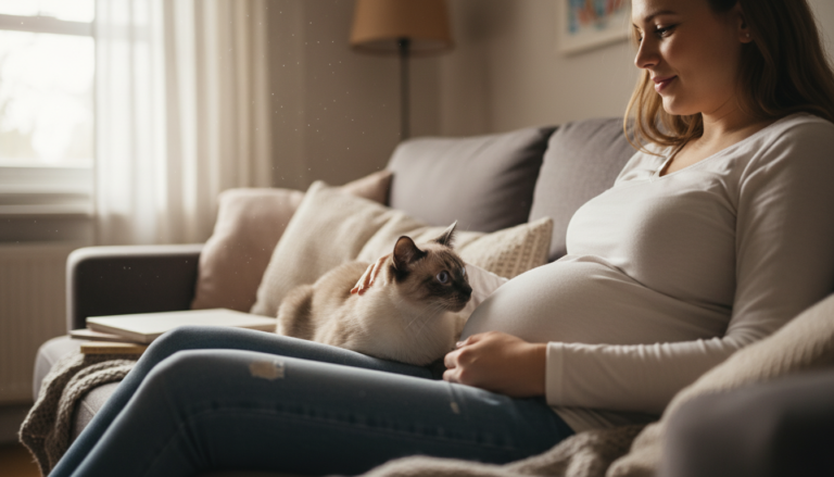 Mulher grávida com gato siamês no colo