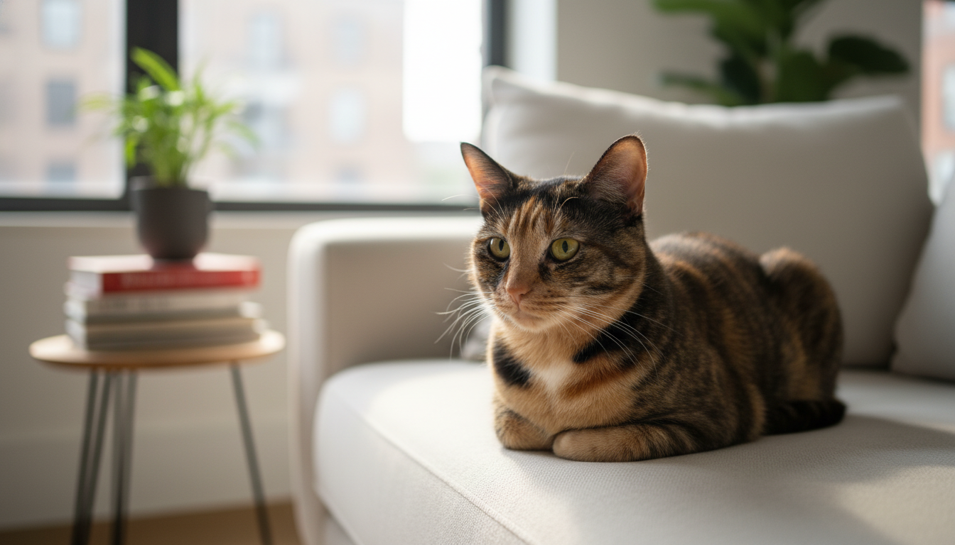 Gato malhado relaxando em um sofá moderno em uma sala de estar iluminada, simbolizando o aumento de felinos nos lares.