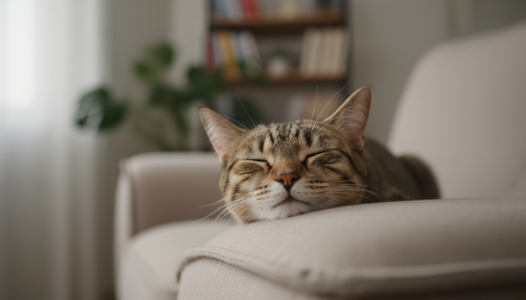 Gato doméstico relaxado ronronando em um sofá