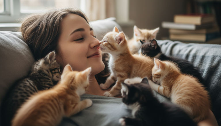 Jovem mulher recebendo carinho e lambidas de filhotes de gato em uma sessão de gatoterapia.