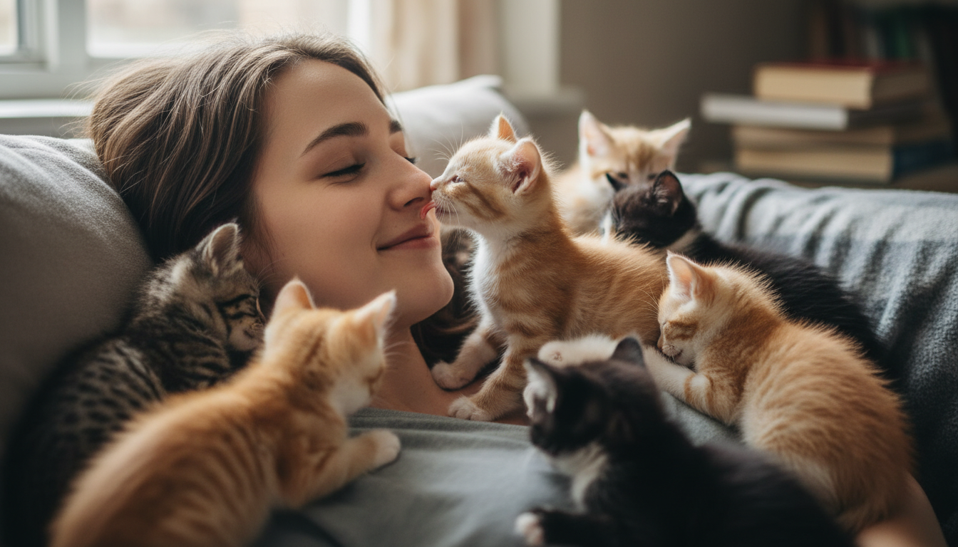 Jovem mulher recebendo carinho e lambidas de filhotes de gato em uma sessão de gatoterapia.